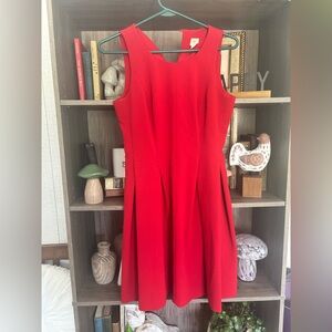 LOFT Red Pleated Midi Dress Scoop Neck Sleeveless